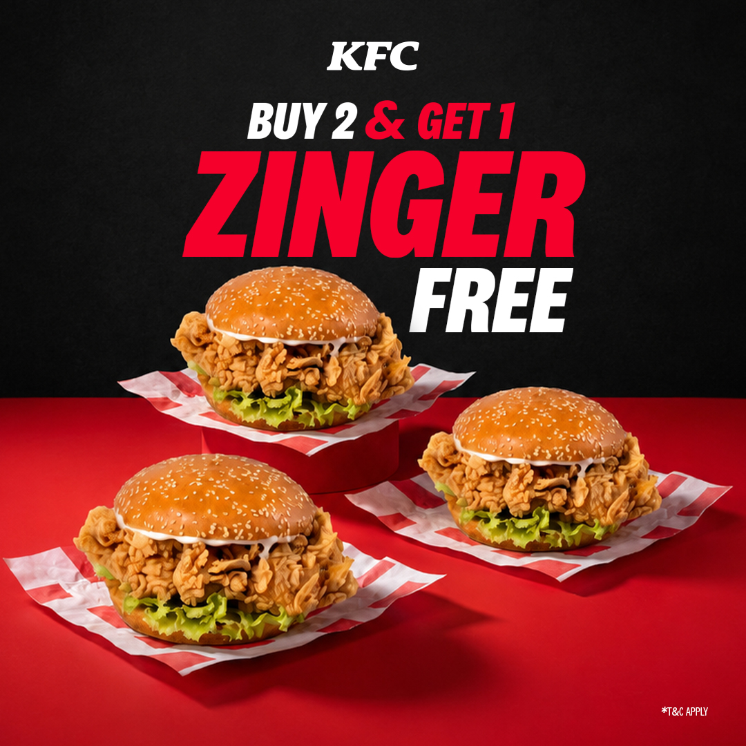 BUY 2 ZINGER BURGER & GET 1 FREE